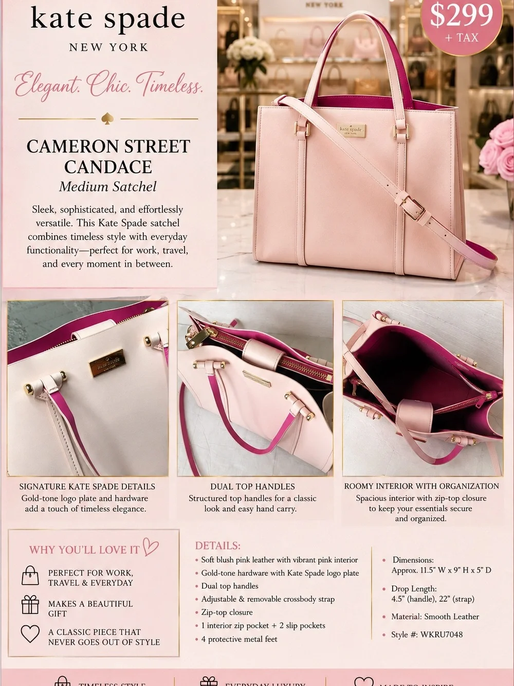 kate spade Pink Leather Satchel with Magenta Lining NWOT